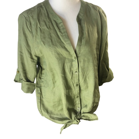 Harve Benard Tops - NEW Harve Benard Linen Blouse Women L Sage Green Full Button Front with Tie